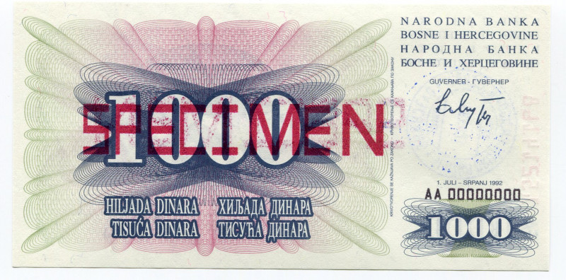 Bosnia & Herzegovina 1000 Dinara 1993 Sarajevo A0000000 Specimen
P# 15s, N# 204...