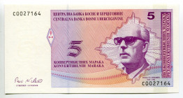 Bosnia & Herzegovina 5 Convertible Maraka 1998
P# 62, N# 216547; # С0027164; Cyrillic bank name and denomination as top line; UNC