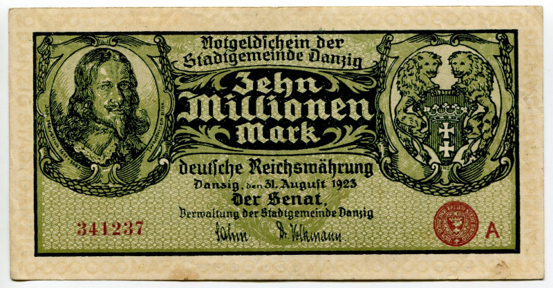 Danzig 10 Millionen Mark 1923
P# 25a, # 210239; # A 341237; XF