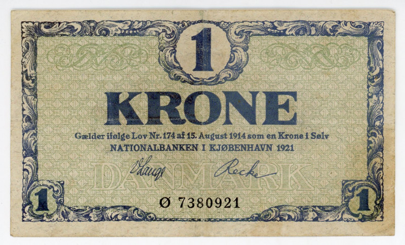 Denmark 1 Krone 1921
P# 12f, N# 205821; # Ø 7380921; VF