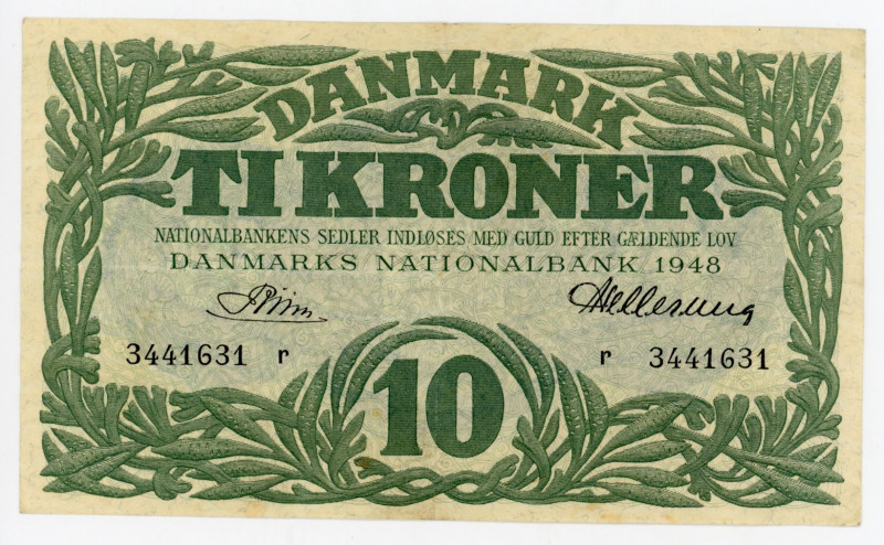 Denmark 10 Kroner 1948
P# 37f, N# 221307; # 3441631 r; XF