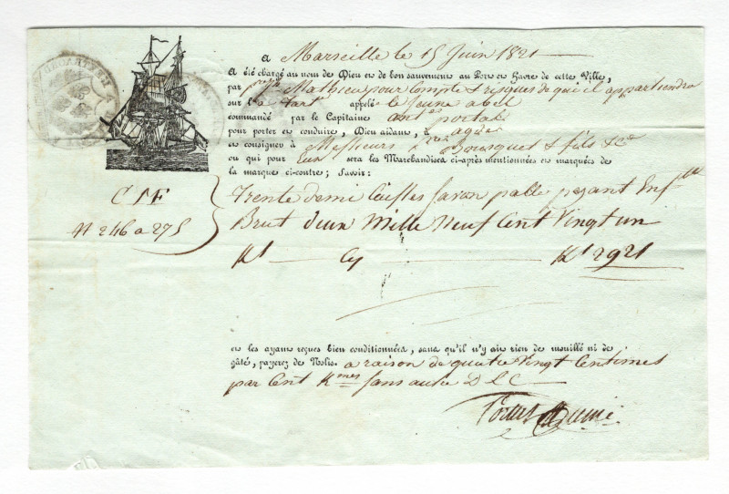 France Marselle Ship's Customs Document 1821
P# NL, XF