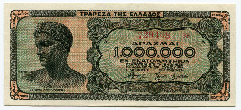 Greece 1000000 Drachmai 1944
P# 127, N# 209741; # 729408ΣB; UNC