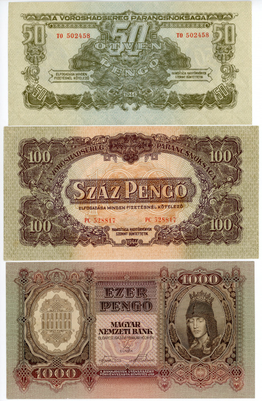 Hungary 50 - 100 - 1000 Pengo 1943 - 1944 Russian Army Occupation
P# 116, M7, M...