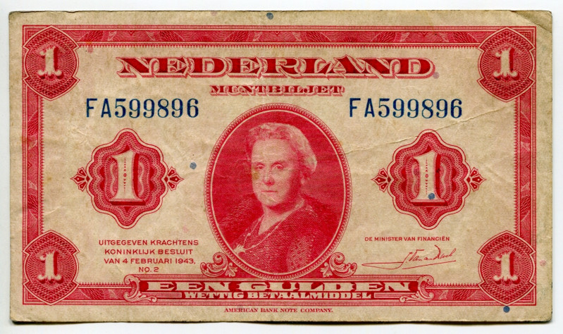 Netherlands 1 Gulden 1943
P# 64a, N# 204150; # FA599896; VF