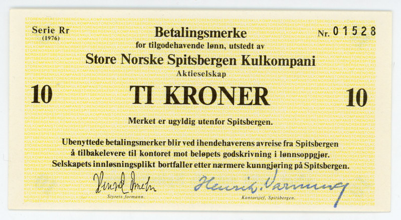 Norway Spitsbergen 10 Kroner 1976 Store Norske Kulkompani
N# 202382; # Rr 01528...