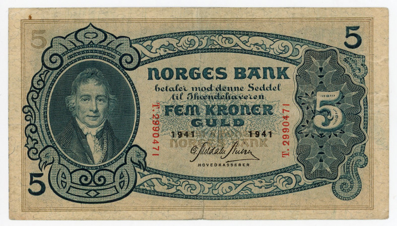 Norway 5 Kroner 1941
P# 7c, N# 295487; # T.2990471; VF/XF