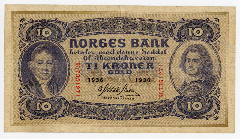 Norway 10 Kroner 1936
P# 8c, N# 305222; # U.7351271; VF/XF