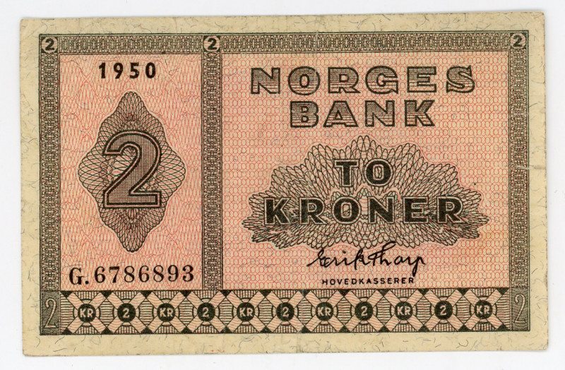 Norway 2 Kroner 1950
P# 16, N# 242452; # G.6786893; VF