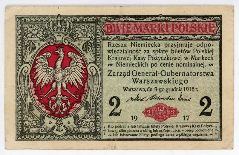 Poland 2 Marki 1917 German Occupation
P# 3, N# 215539; # B 3660679; VF