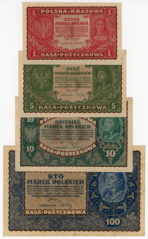 Poland 1 - 5 - 10 - 100 Marek 1919
P# 23, 24, 25, 27, # E104611, CQ 955409, CZ ...