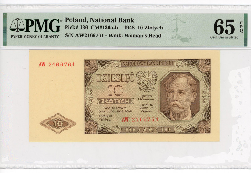 Poland 10 Zlotych 1948 PMG 65
P# 136, N# 223201; # AW 2166761; UNC