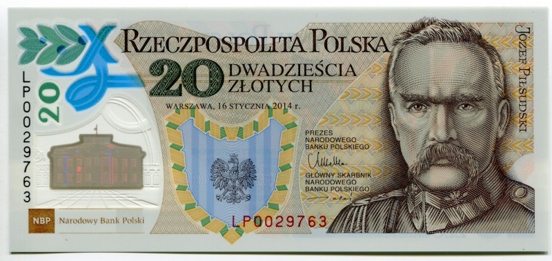 Poland 20 Zlotych 2014
P# 187a, N# 202995; # KF 3630607; Polymer, Centenary of ...