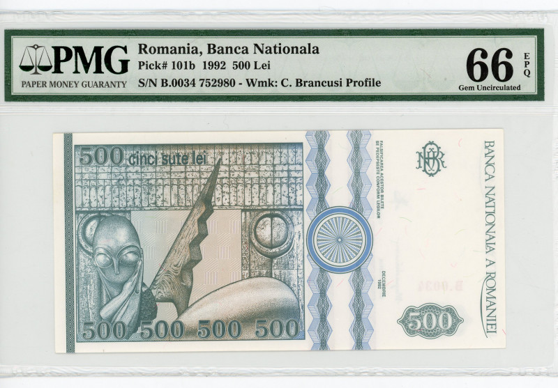 Romania 500 Lei 1992 PMG 66
P# 101Ab, N# 206889; # A0002 000913; Without Dot in...