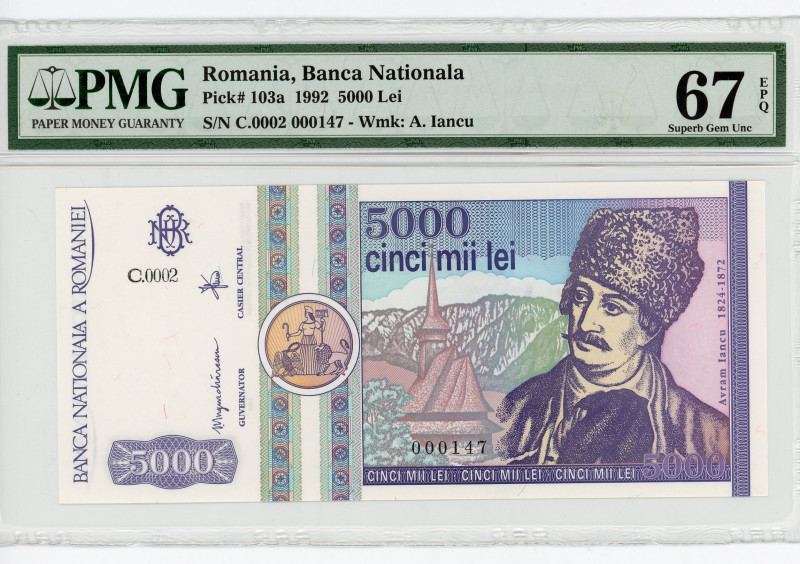 Romania 5000 Lei 1992 PMG 67
; # B.0034 752980; Wmk: Brancusi facing right