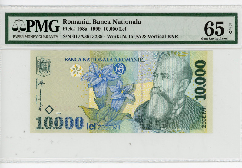 Romania 10000 Lei 1999 PMG 65
P# 104a, N# 201963; # E.0029 561844; Wmk: A. Ianc...