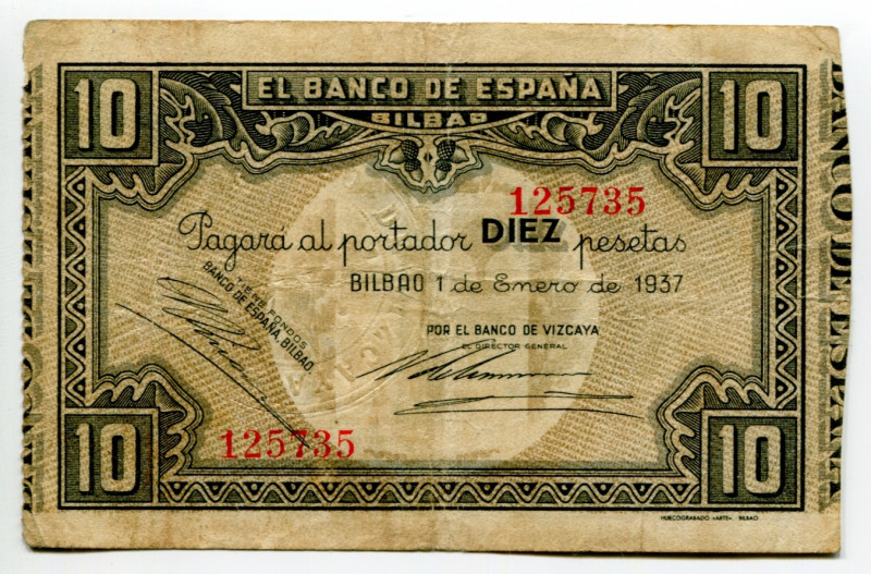 Spain Bilbao 10 Pesetas 1937
P# 16c, N# 204776; # BV856994; UNC