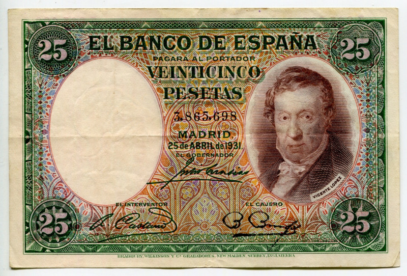 Spain 25 Pesetas 1931
P# 76a, N# 204727; # A8880208; VF