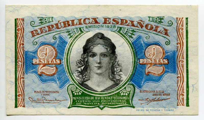 Spain 2 Pesetas 1938
P# 93, N# 204644; # B2990699; XF