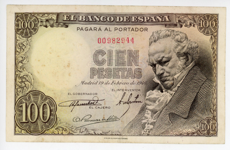 Spain 100 Pesetas 1946
P# 120, N# 207777; # A1.989.717; XF