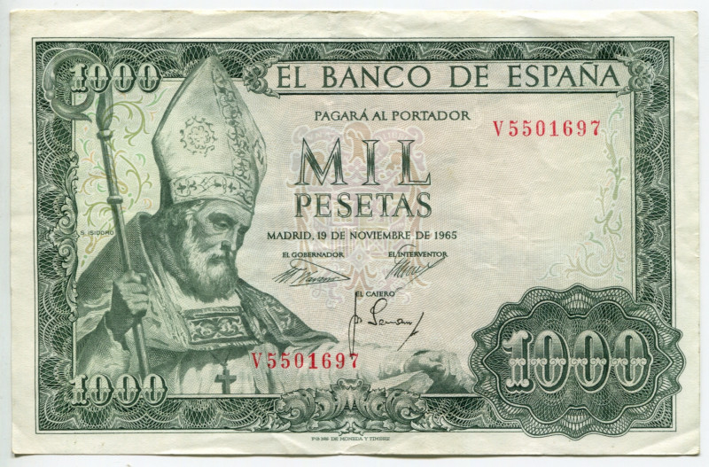 Spain 1000 Pesetas 1965 (1971)
P# 150, N# 206642; # G2994037, 1G6112196; VF/XF