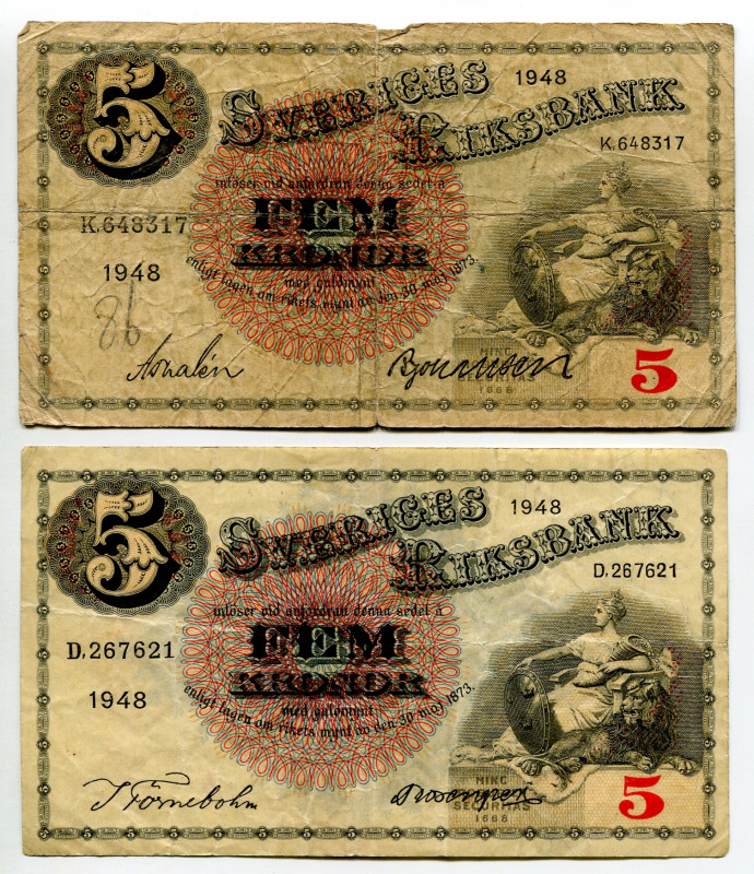 Sweden 2 x 5 Kronor 1948
P# 33ac, N# 205791; # B.883080, C656592, D.056417; Dif...