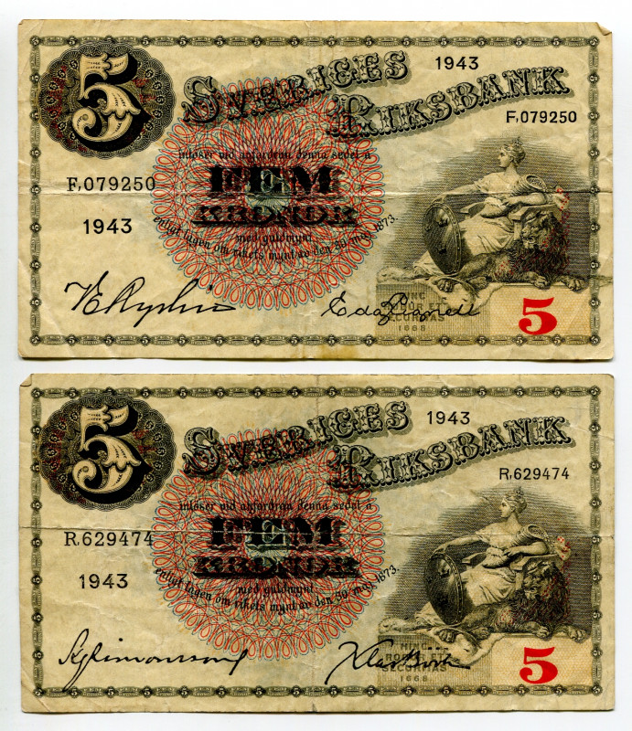 Sweden 2 x 5 Kronor 1943
P# 33x, N# 205791; # F.186638; G/VF