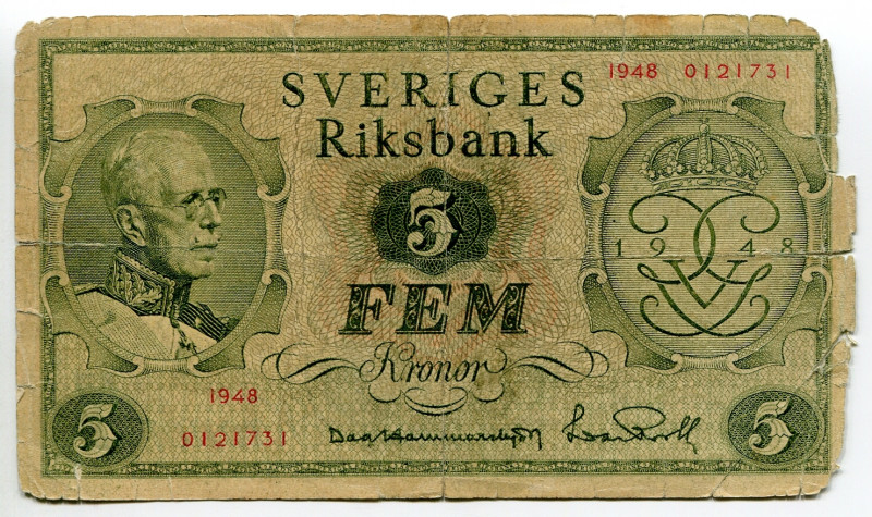 Sweden 5 Kronor 1948
P# 40d, N# 202131; # 17422900; XF-AUNC