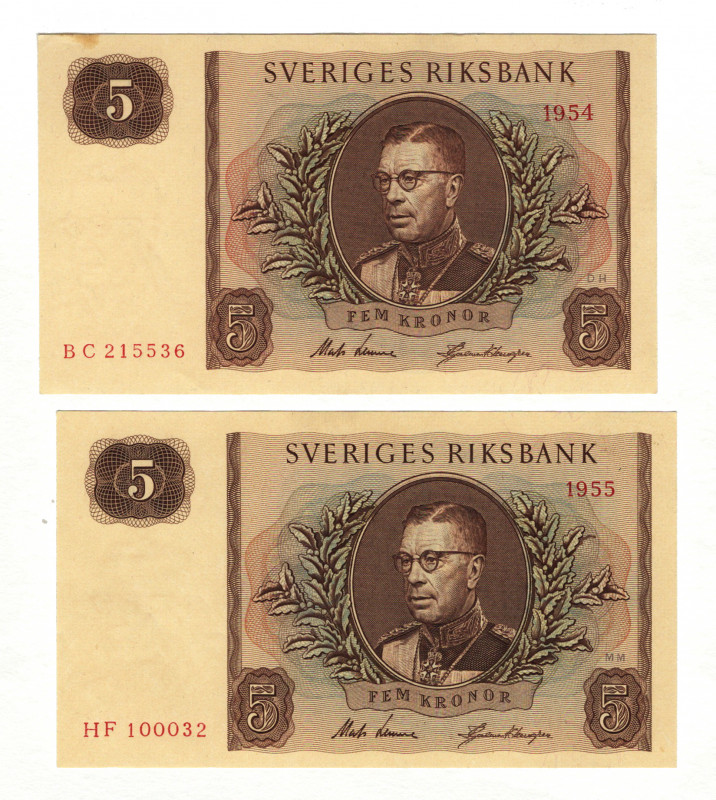 Sweden 2 x 5 Kronor 1954 - 1955
P# 41, N# 206123; # 0121731; G/VF