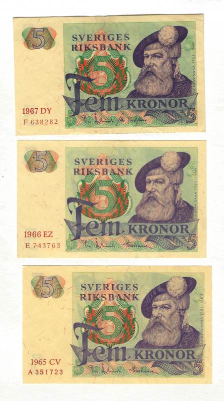 Sweden 3 x 5 Kronor 1965 - 1967
P# 48c, N# 206161; # S060742; XF