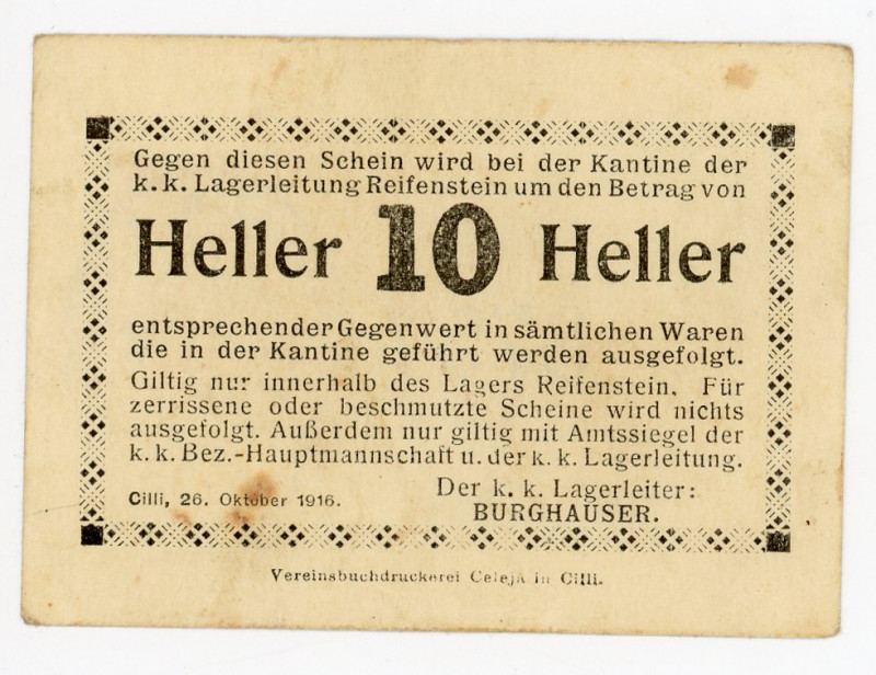 Yugoslavia Celje War Prisoner Reifenstein 10 Heller 1916
Jelincic# 89/1, Differ...