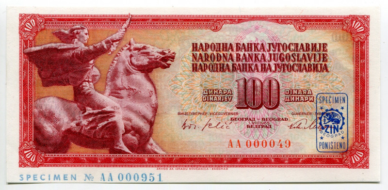 Yugoslavia 100 Dinara 1965 Specimen
P# 77b, N# 210501; # DL 637940; F+