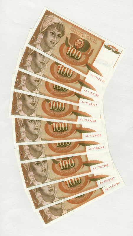 Yugoslavia 9 x 100 Dinara 1990
P# 101,102, UNC