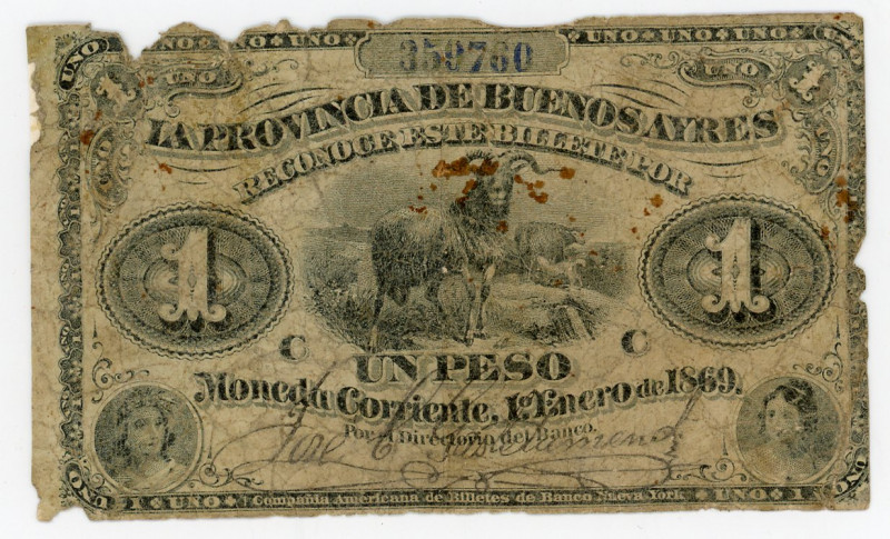 Argentina 1 Peso 1869
# 037478*A; Price 25 Dinars in Silver, with the Repayment...