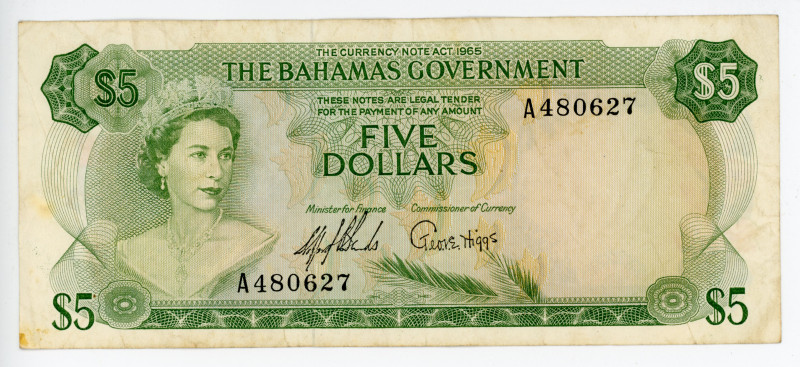 Bahamas 5 Dollars 1965
P# 362, N# 206691; # 03419419A; UNC