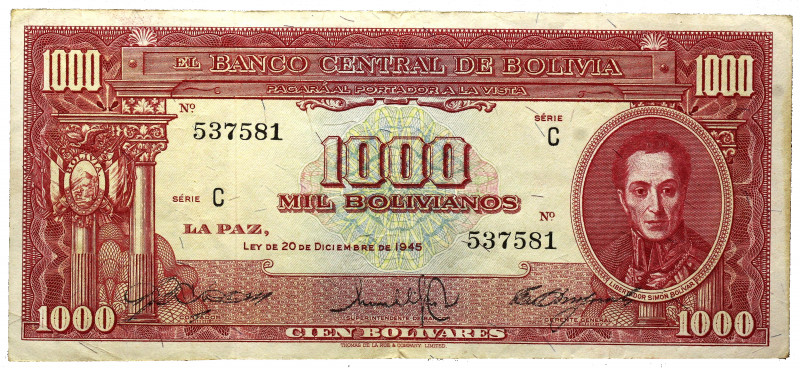 Bolivia 1000 Bolivianos 1945
P# 34a, N# 224924; # B1-003655; UNC