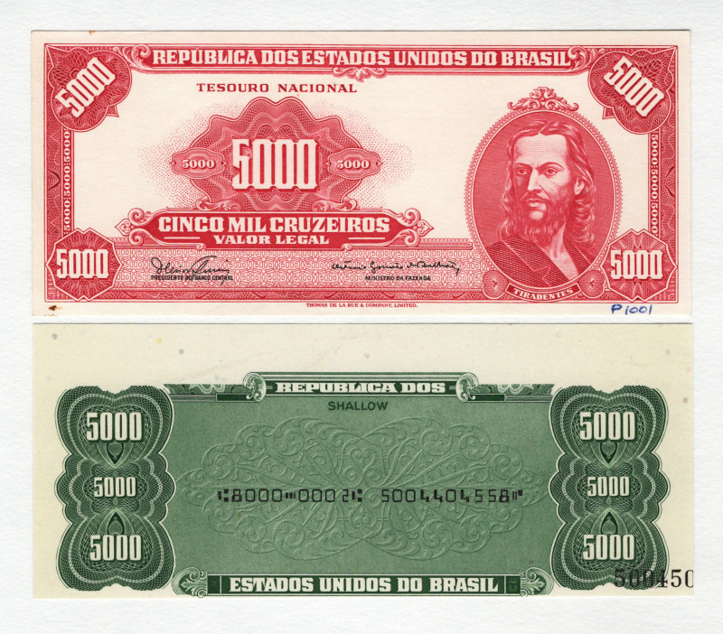 Brazil 5000 Cruzeiros 1965 (ND) Color Trial
P# 92c, N# 220138; #058222; VG