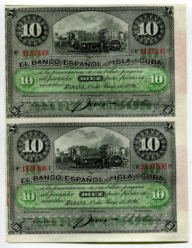 Cuba 4 x 10 Pesos 1896 Uncutted Sheet of Notes
P# 243, # B2843253; COMMEMORATIV...