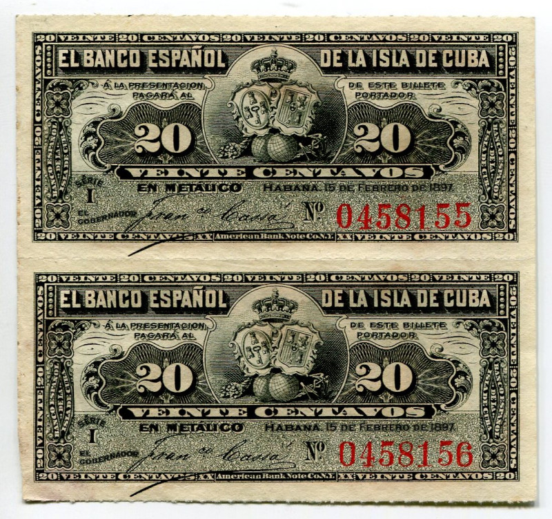 Cuba 2 x 20 Centavos 1897 Uncutted Sheet of Notes
P# 267e, N# 224552; # A999084...