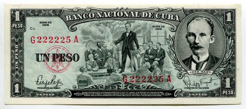 Cuba 1 Peso 1959 Fancy Number
P# 88c, N# 205093; # T069562A; XF-AUNC