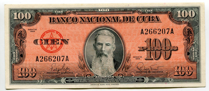 Cuba 100 Pesos 1959
P# 90a, N# 219381; # G222225A; AUNC