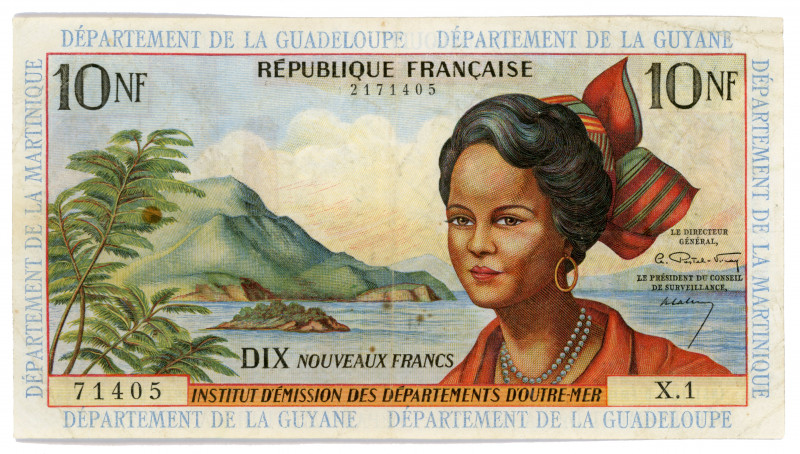 French Antilles 10 Nouveaux Francs 1963 (ND)
P# 134a, N# 210934; # 9402157; UNC