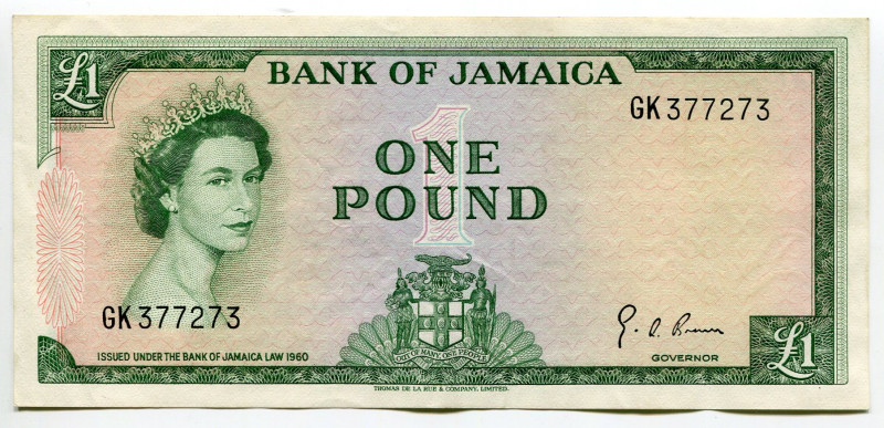 Jamaica 1 Pound 1960 (1964)
P# 68a, N# 208116; # BF 3208682; 9th of June 1982; ...