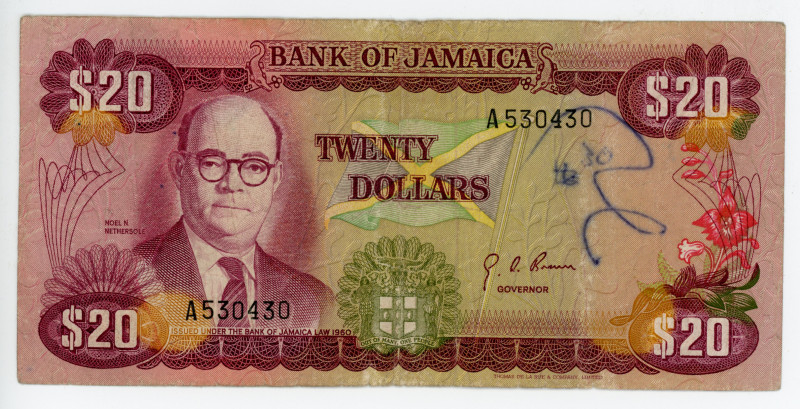 Jamaica 20 Dollars 1976 (ND)
P# 41b, N# 218653; # 60A 38921; VF-