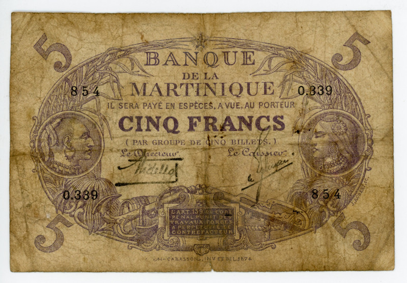 Martinique 5 Francs 1934 -1945 (ND)
P# 71c, N# 204276; # CM282183; AUNC