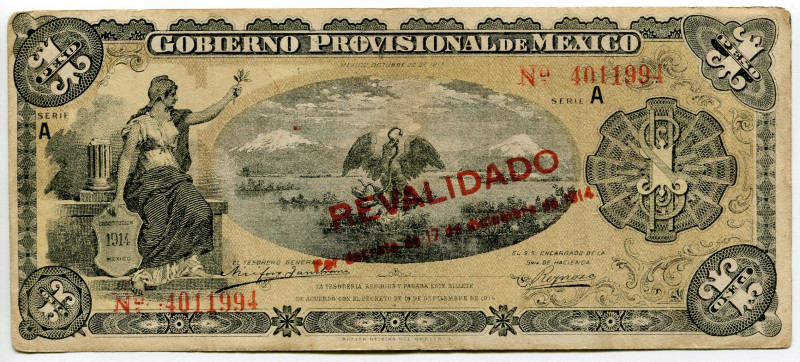 Mexico Gobierno Provisional de México, Mexico City 1 Peso 1914
P# S537b, N# 228...