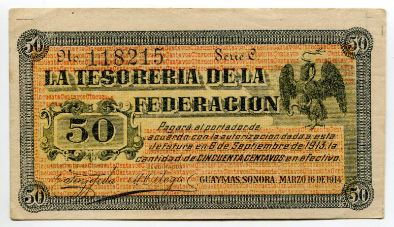 Mexico La Tesorería de la Federación, Guaymas 50 Centavos 1914
P# S697 & S699, ...