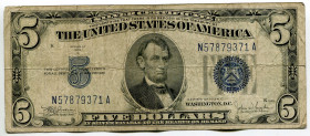 United States 5 Dollars 1934 C
P# 414A, N# 202433; # A44722113A; Silver Certificate, Blue Seal and 5; VF