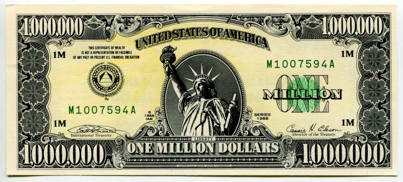 United States 1000000 Dollars 1988 Fantasy Banknote
# D00857971A, Mickey; Treas...