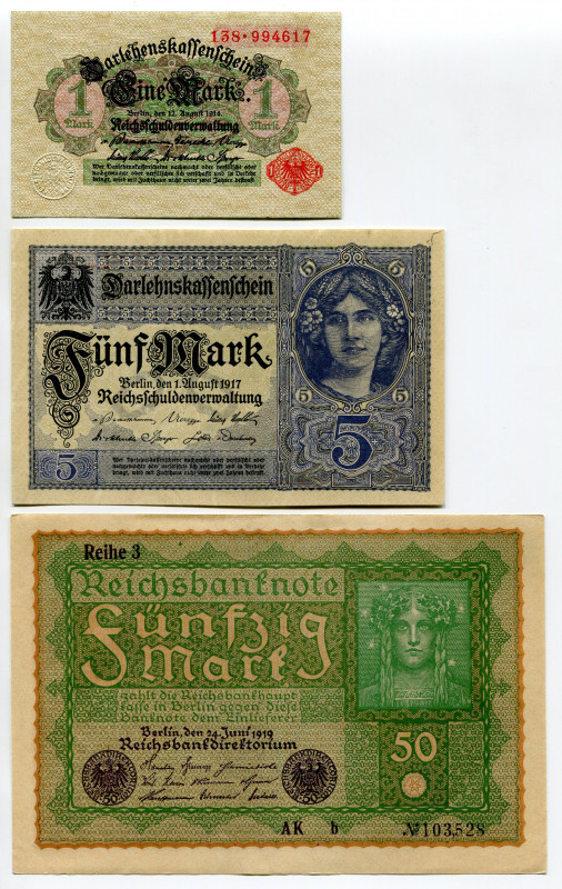 Germany Lot of 3 Banknotes 1914 - 1919
# 5104059348, 5142762687, 1117118470, CN...